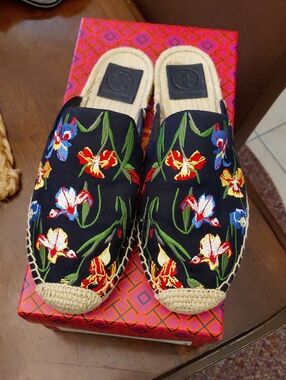 Tory Burch Navy Embroidered Floral Espadrille Mules